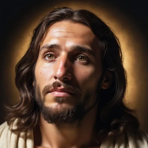 Prompt: Jesus Cristo em pé tocando a testa de um homem cego ajoelhado diante dele, rosto iluminado de Jesus, expressão de esperança no homem cego, ambiente humilde, luz natural entrando por uma janela, realista, estilo Rembrandt, fundo rústico, iluminação suave que destaca a intimidade da cena, tons quentes e terrosos, cores profundas e ricas, foco no rosto de Jesus, ultra-detalhado, 4K, fundo texturizado.