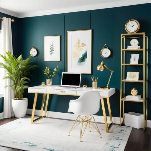 Prompt: elegant home-office space with gold, blue, green and whote accents delicately placed on the walls and desk. High end technology and should make people want to recreate this look
