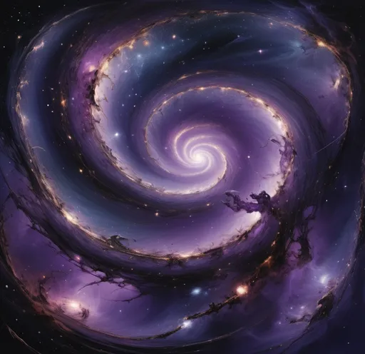 Prompt: (cosmic destruction), a dark and expansive void representing the end of time and space, swirling galaxies colliding, shattered celestial bodies, celestial hues of deep purples and blacks, hypnotic swirling patterns, eerie silence, a haunting atmosphere of loneliness, vast emptiness, collapse of stars, ultra-detailed, cinematic masterpiece, high resolution, otherworldly scene, emotionally charged visual storytelling.