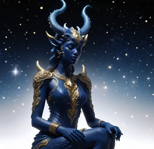 Prompt: (statue of a woman with enchanting horns), (ethereal dragon-like body and tail), (face devoid of features), covered in (captivating deep blue and shimmering gold), adorned with (sparkling stars), (the creator of the universe), set against a mesmerizing backdrop of cosmic void, (highly detailed), cinematic lighting enhancing the celestial theme, (4K) resolution.