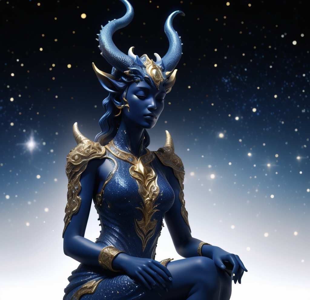 Prompt: (statue of a woman with enchanting horns), (ethereal dragon-like body and tail), (face devoid of features), covered in (captivating deep blue and shimmering gold), adorned with (sparkling stars), (the creator of the universe), set against a mesmerizing backdrop of cosmic void, (highly detailed), cinematic lighting enhancing the celestial theme, (4K) resolution.