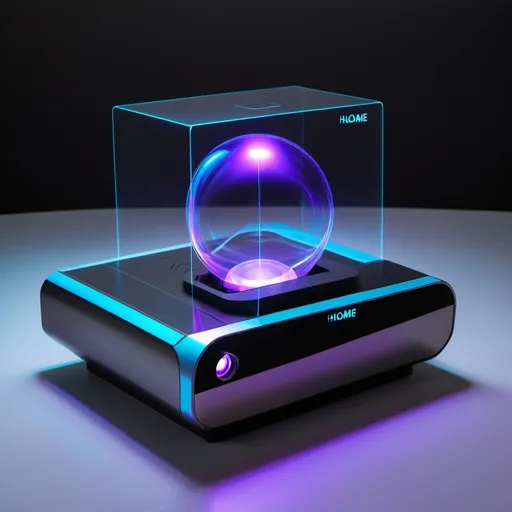 Prompt: "A sleek and compact holographic projector named 'Holome,' designed with a polished metallic alloy finish and subtle neon blue and purple accents. The device emits a vibrant, semi-transparent 3D hologram featuring sharp and dynamic visuals. The background is minimalistic, dark, and modern, with subtle glowing effects to emphasize the projector's futuristic design and functionality."