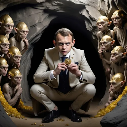 Prompt: the son of macron and golum in his suit, is crouching in a cave. the cave looks a little bit like the élyse palace in paris.
he is  in a body posture of golum protecting and trying to hide the ring of power. but here, the ring is actually a gold crown with lys flower in his hands. 