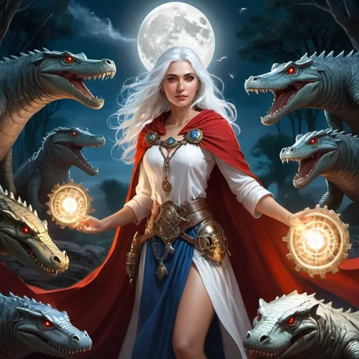 Prompt: a supernaturally beautiful Aasimar sorceress with silver hair and metallic brass colored eyes wearing a white tunic, blue skirt and red cloak surrounded by a series of ethereal gears as she casts spells against an army of were-crocodiles, medieval, dnd, realistic illustration, fantasy, radiant, ancient greek, roman, swamp background, night time, full moon, high contrast, dramatic lighting,
