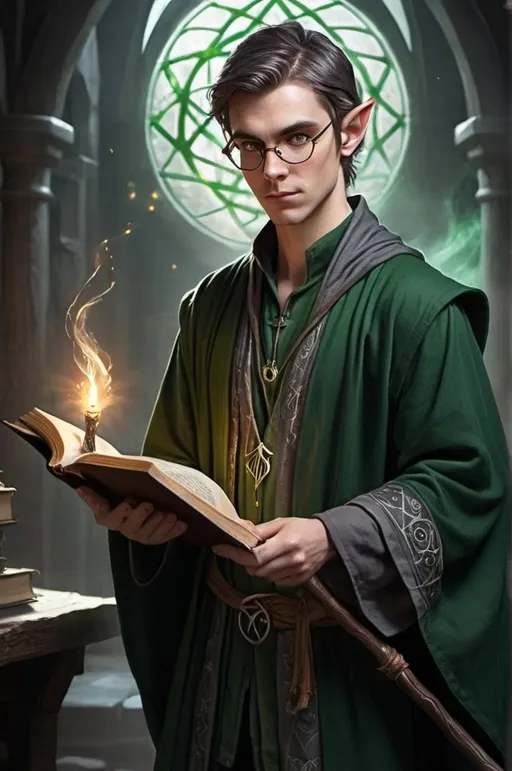 Prompt: a male, elf, 26 years old, dark silver uppercut hair, 5ft7 tall, body in shape, fair skin, green eyes, wearing a glasses and a ancient wizard robe with the symbol of oracle. no hat. he is holding a spellbook in one hand and a wooden magic staff in the other.