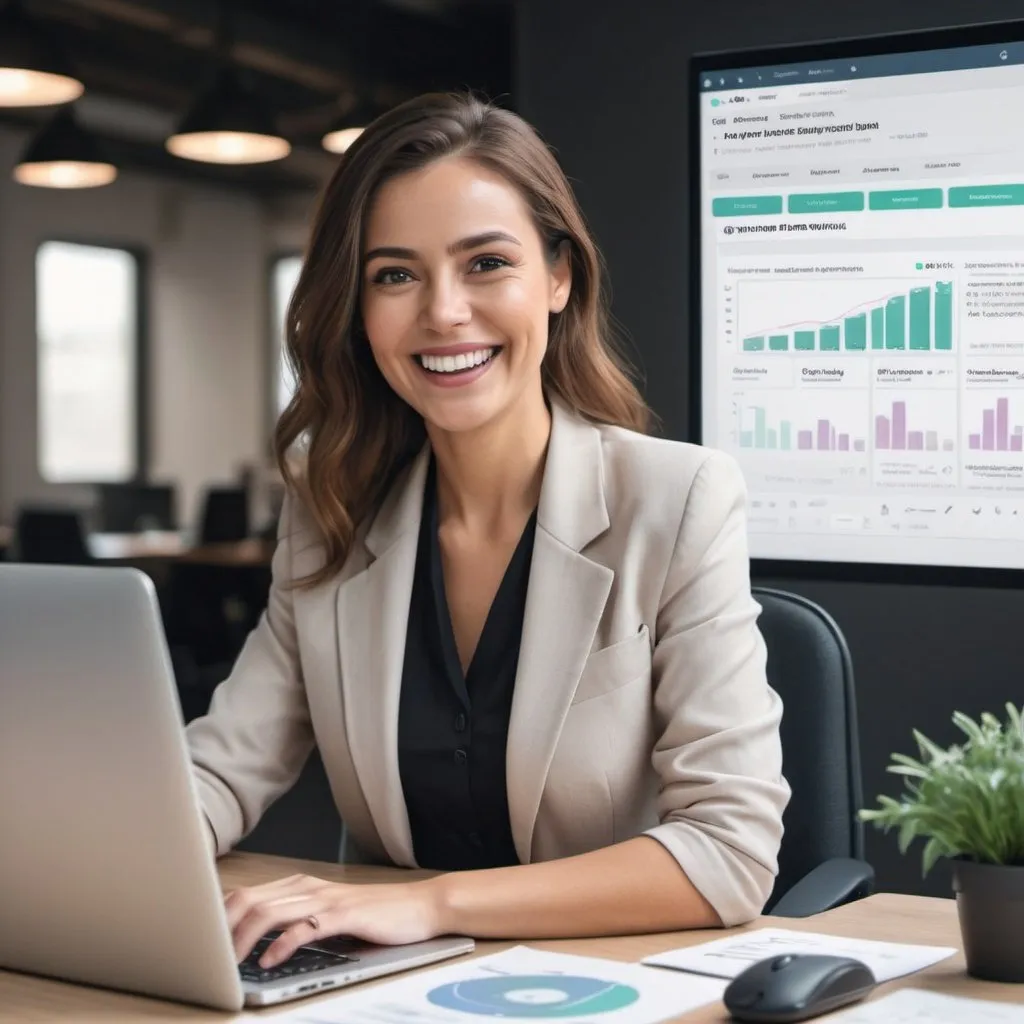 Prompt: a happy business woman doing a business plan using OpenAI show a computer type ChatgPT on the image
