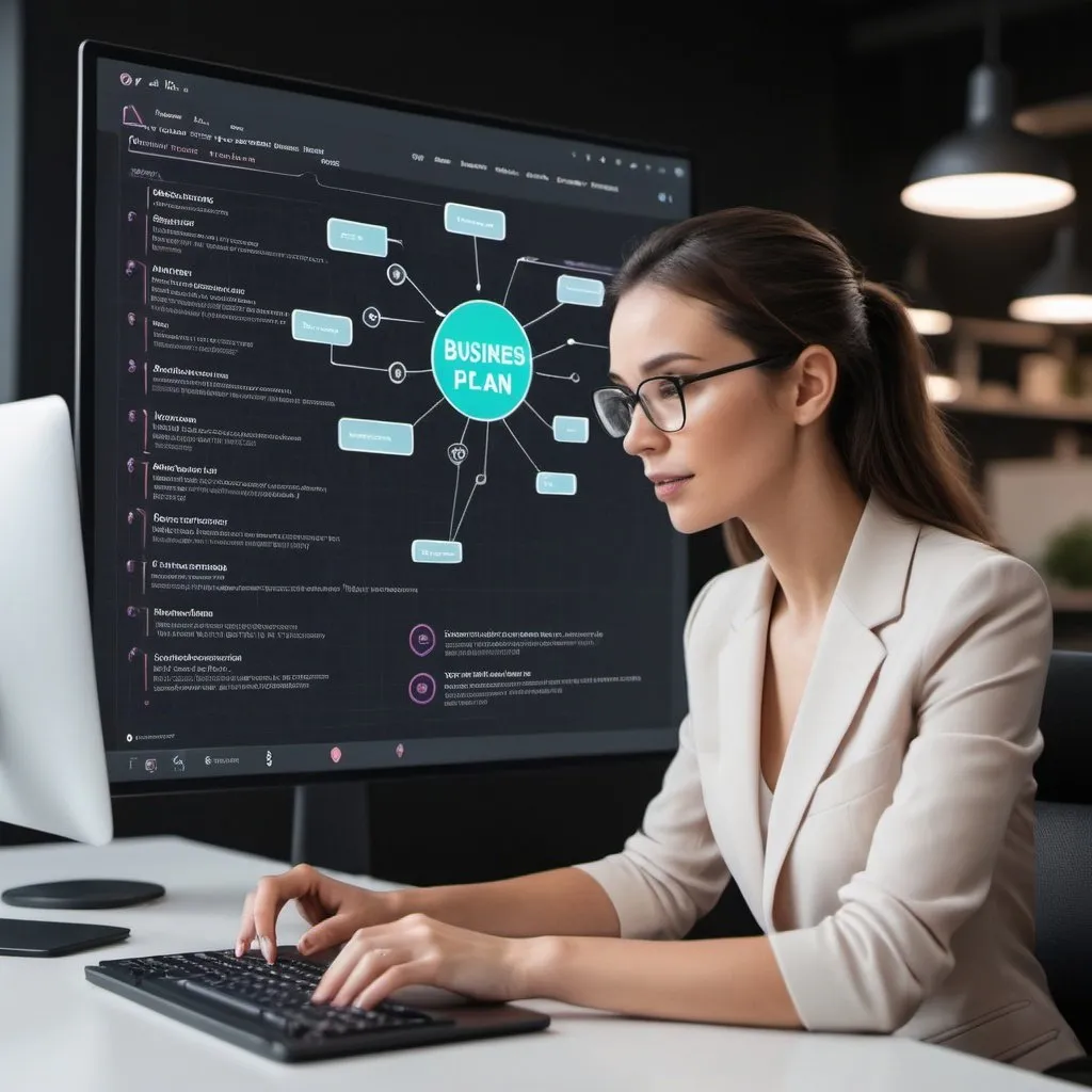 Prompt: a business woman doing a business plan using OpenAI show a computer type ChatgPT on the image
