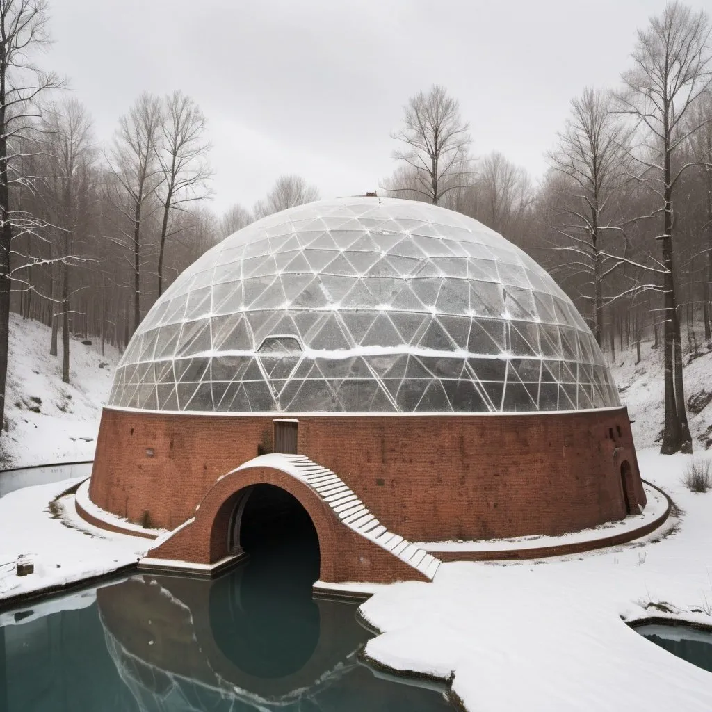 Prompt: An old geodesic dome from the medieval ages covering a part of a village from D and D which is surrounded by high brick walls. The village is in a snowy area from the medieval ages and is submerged underwater. The geodesic dome is submerged underwater. 