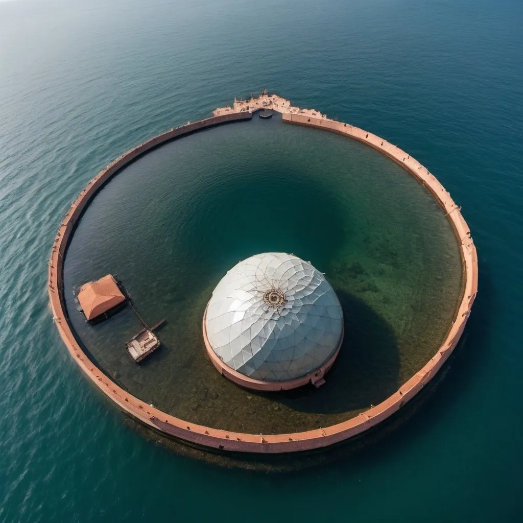 Prompt: A long shot bird's eye view of a sea of water with an old geodesic dome from the medieval ages underneath the water. The geodesic dome is inside a town which is surrounded by high brick square walls sticking out the water. The village is from the medieval ages and is submerged underwater. The geodesic dome is completely submerged underwater. Through the geodesic dome you can see villages and houses. I want the brick walls around the village to be square not circle