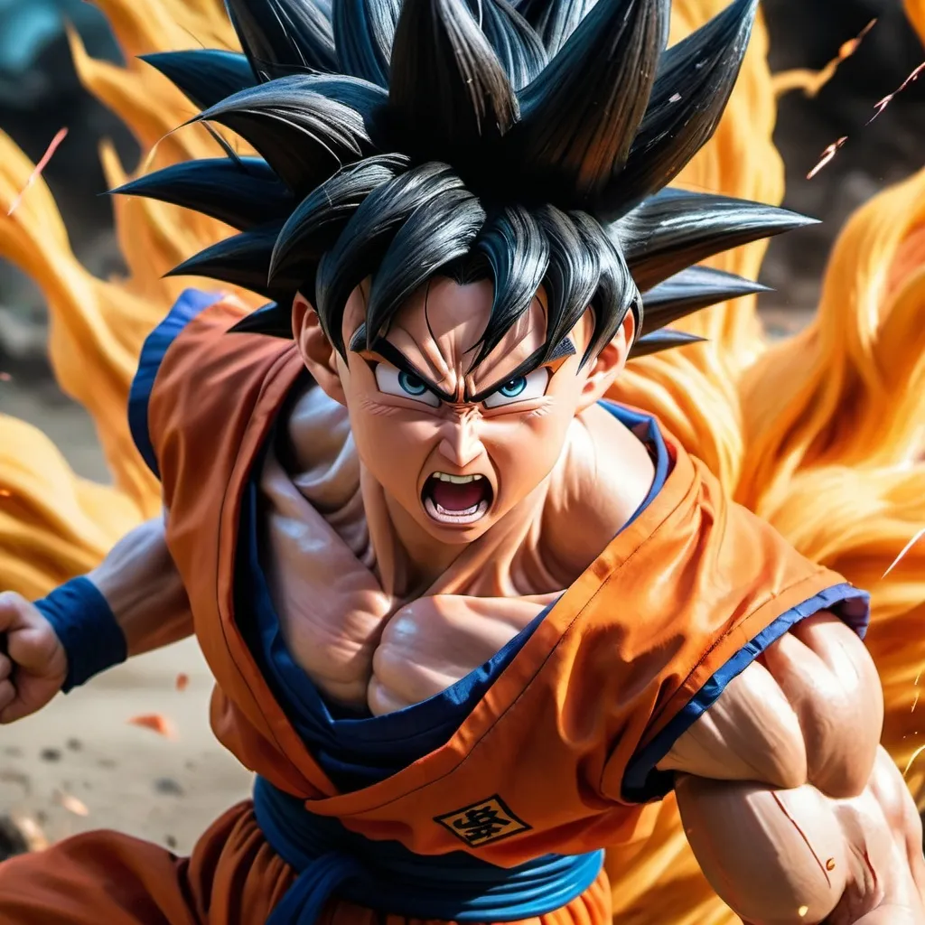 Prompt: (captured live action scene), (emotional intensity), Caught in fierce battle, enraged Goku, powerful stance, fighting against a horde of enemies, sons Gohan and Goten fallen behind him, dynamic motion, dramatic facial expressions, vivid detail, intense colors, high contrast, cinematic lighting, action-packed atmosphere, ultra-detailed image, high resolution.