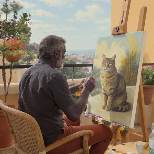 Prompt: Give me a realistic men painting a sitting cat on a balcony