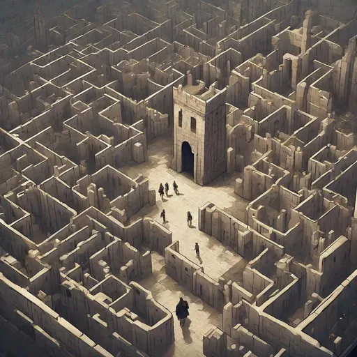 Prompt: The cover typically includes a city as a central focus. It might depict a maze with towering walls, dark passages, and a sense of mystery or danger. Characters running or exploring the maze might also be featured.