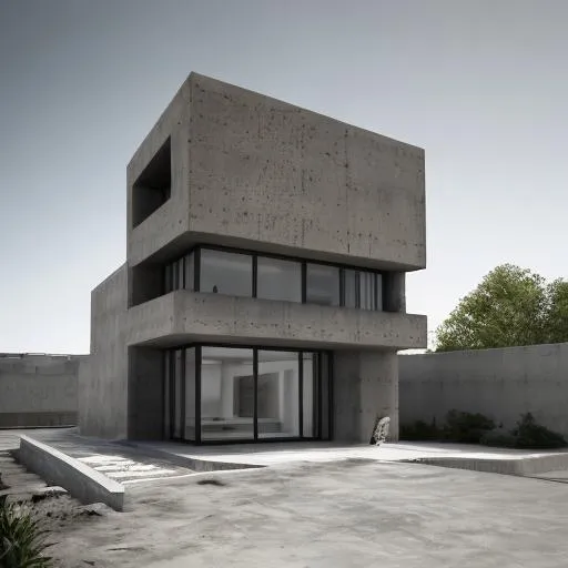 Prompt: Brutalist architecture, small 3-story house, large home office floor plan, concrete construction, minimalistic design, high quality, detailed rendering, brutalist style, neutral tones, natural lighting, spacious interior, professional construction, architectural masterpiece