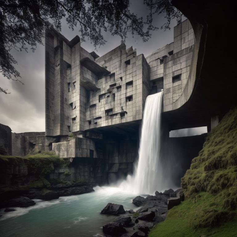 Prompt: a castle on the edge of a waterfall, brutalist architecture