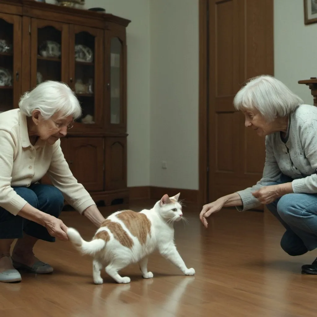 Prompt: Finding the cat:

Camera shot: Medium shot of the girl, the elderly lady, and the moment of finding the cat.
Camera movement: Still shot.
Framing: The three characters centered, capturing the moment of finding the cat.