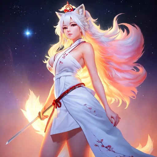 Prompt: UHD, , 8k, high quality, oil painting, hyper realism, Very detailed, zoomed out view of character, full body of character is seen, character portrait that is zoomed out, Japanese female  kitsune female with white hair and white fox tail with a red tip and fox ears, she is wearing a white kimono with red detailing and holding a katana with her right hand, she is standing in Tokyo Japan 