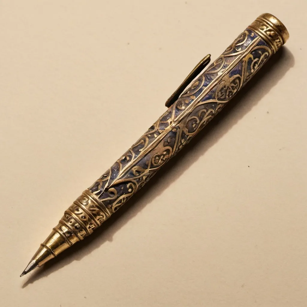 Prompt: An old pen decorated in an Andalusian style, from the tenth century AD.  Placed on a group of papers.