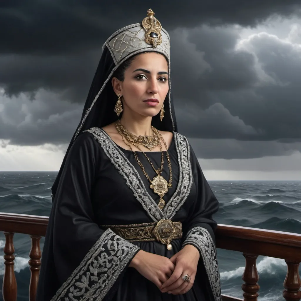 Prompt: High-resolution photorealistic portrait of Sayyida El Hurra, ruler of Tetouan, standing on the deck of a warship, wearing traditional black Moroccan royal clothing embroidered with silver, with a background of a stormy sea and a sky full of dark clouds.