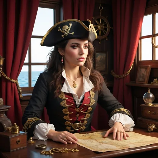 Prompt: A realistic, high-resolution image of the captain of a pirate ship. It contains a desk with some maps, papers, and an old binoculars. On the window of the room were red curtains embroidered with gold. The lighting is strong and comes from the side, creating deep shadows on her face. The colors are dark and sombre, with touches of gold and silver to represent her wealth and power.