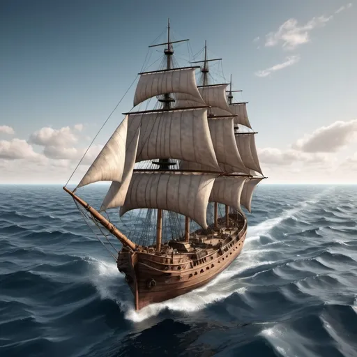 Prompt: Realistic picture. High resolution. 3D. A view from the back of an old fleet. It consists of wooden warships. Her sails are open. Driven by the wind. Sailing forward in the middle of the vast ocean. In an organized manner. It looks very small in the big ocean.