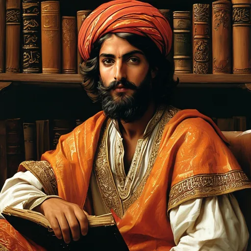 Prompt: A handsome young man, a scholar from Andalusia, with an elegant beard and old Arab Andalusian clothing from the tenth century AD. He sits in front of books and scientific research.