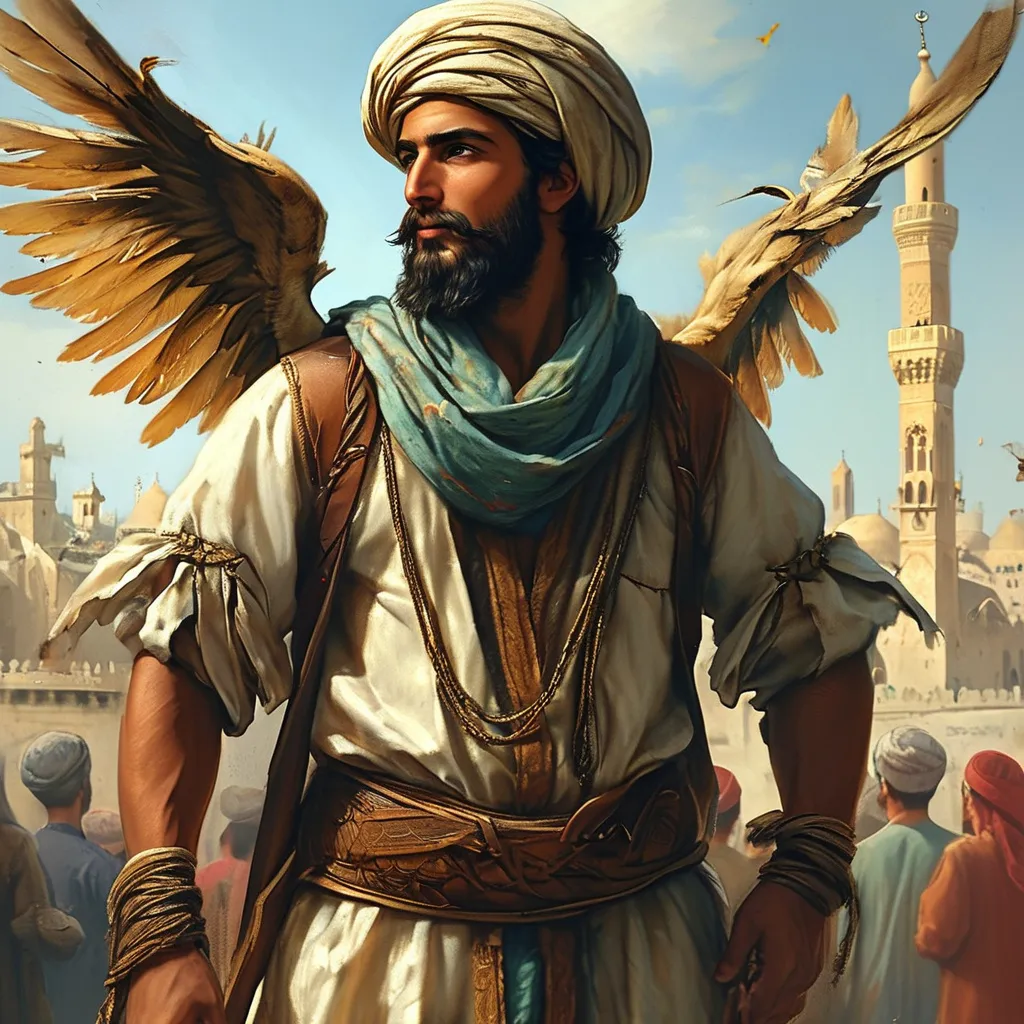 Prompt: A handsome young Arab Andalusian from the tenth century AD. He has an elegant beard. He wears Arab clothing. He attaches two wings made of wood and cloth to his back. Trying to fly. Standing on top of a minaret. People looked at him in amazement from below in front of the mosque.