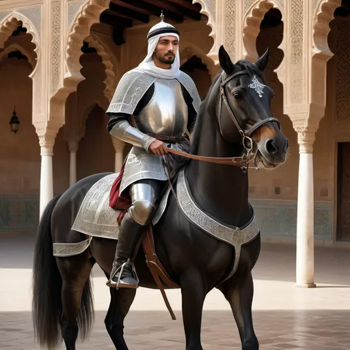 Prompt: High resolution photorealistic portrait of a handsome 15th century Andalusian Arab knight. He rides a purebred Moroccan horse standing on its hind legs. He wears an elegant Andalusian uniform made of black and silver leather, without armor. He hung a silver sword engraved with Islamic motifs on his waist. With the background of the Alhambra Palace in Granada.