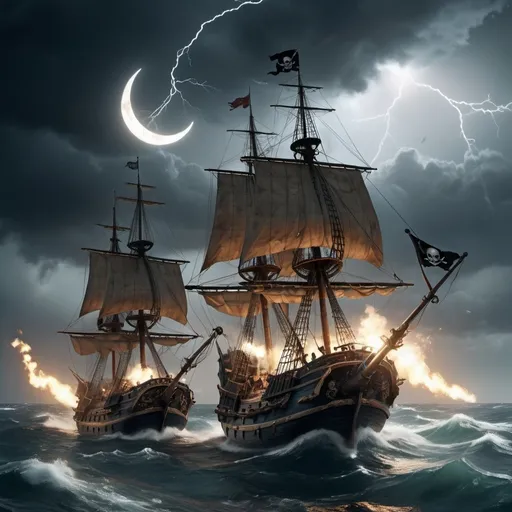 Prompt: A realistic, high-resolution image of a clash between two old pirate ships. They exchange fire from old cannons. The first ship carries a flag with a crescent moon on it. The second carries a flag with a cross on it. The background is a rough sea. And a sky filled with lightning.