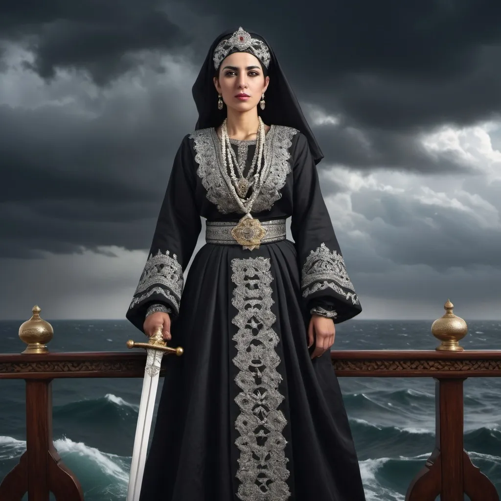 Prompt: High-resolution photorealistic portrait of Sayyeda Hurra, ruler of Tetouan, standing on the deck of a warship, wearing traditional black Moroccan royal clothing embroidered in silver, holding a shining silver sword. With a background of a stormy sea and a sky full of dark clouds.