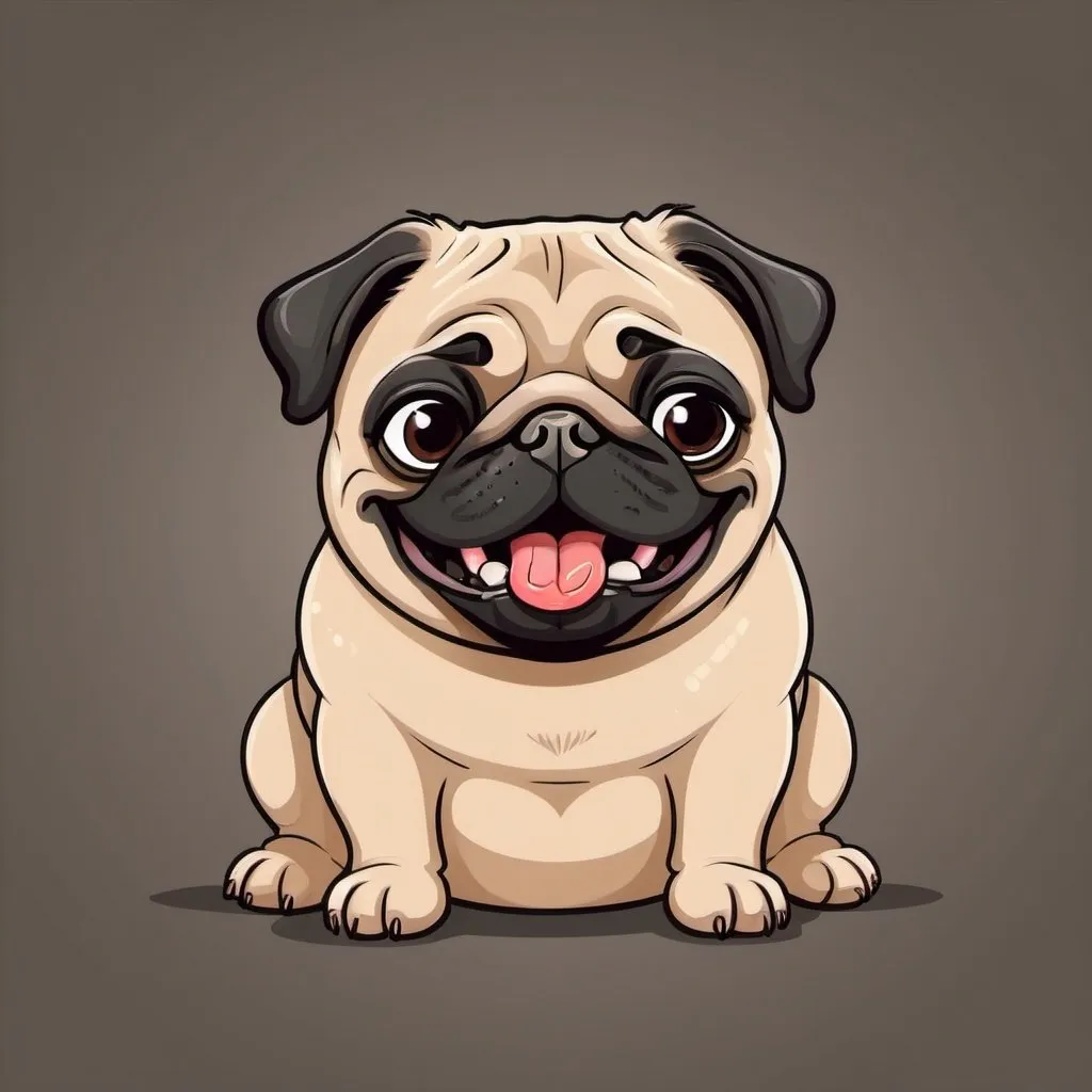 Prompt: Cute fat pug dog cartoon with tongue sticking out smiling