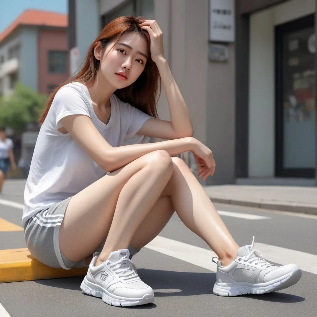 Prompt: Korean woman, heavy-looking sneakers, summer day, Exhausted look 
 face, realistic hot weather, professional digital painting, high quality, realistic, summer, detailed facial features, tight legs, heavy sneakers, hot weather, realistic lighting, 32k uhd, photography