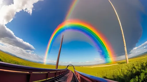 Prompt: I'm strapped into the front car of the wildest rollercoaster I've ever seen. The neon-bright track stretches out ahead of me, arching up and over a massive, vividly-colored rainbow spanning the sky.
As we click up the first hill, I look out to see puffy white clouds lazily drifting by. Then the coaster crests the top and we plummet down the other side, my stomach doing somersaults as we plunge toward the rainbow's arch.
The colors are so saturated and vibrant up close - red, orange, yellow, green, blue, indigo, violet. We soar directly over the rainbow, so close I could reach out and touch it if my hands weren't gripping the safety bar for dear life.
Suddenly we hit the upside down loop, the world flipping topsy-turvy. I'm hanging by my shoulder harness as we rocket through a corkscrew spiral around the rainbow. The wind whips through my hair as we careen higher, the sun's rays refracting through the rainbow into a kaleidoscope of color streaks.
We reach the peak of the tallest hill and pause for a brief, breathtaking moment. I look out over the whole bizarre, beautiful scene - the sculpted rainbow, the looping, twisting track, the cheerful clouds drifting in the azure sky. Then we tip over the precipice, plummeting straight down in a freefall that steals the scream from my lungs.