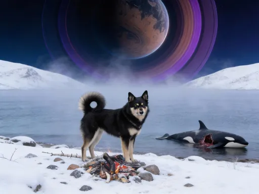 Prompt: Lapland sheperd dog, beautiful specimen, perfect features and face for this breed of Norwegian Lapland male dog, standing alert intelligent, no leash or harness unlike in the photos attached.  imposing animal his tail perfect circle up, by a quiet sea, misty, foggy and surrounded by snow hills above mist and snowy Winter Arctic coastline. A distant, strange blurry distant small planet with colourful blurry dark cobalt and neon dark charcoal, dark copper, and blurry lavender outer rings seems like a far away alien sun. Odd colours. The dog guards the embers and partly consumed logs ash, and branches of Arctic birch fire surrounded by a circle stones. The stones are are peppered with soft snow.  A carcass of an orca floats near the shore, some lacerations expose dark deep flesh, half of it's body is disemboweled, torn,  and missing.