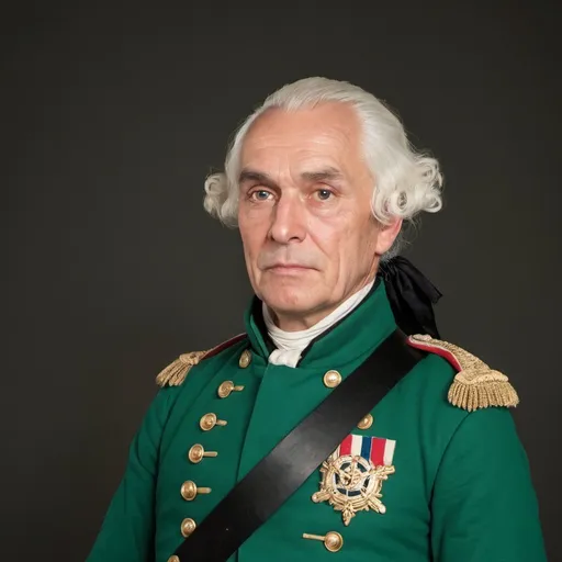 A grizzled sergeant in a green 1700s military uniform.