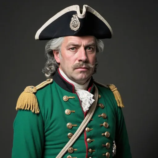 A grizzled sergeant in a green 1700s military uniform.