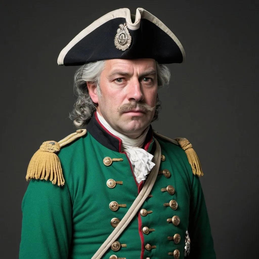 A grizzled sergeant in a green 1700s military uniform.