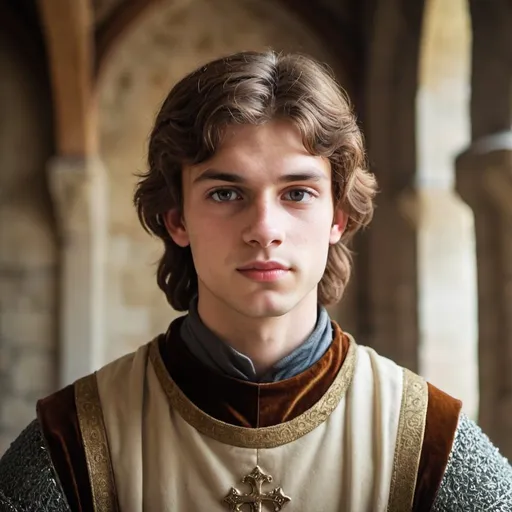 Prompt: Young medieval king with brown hair.