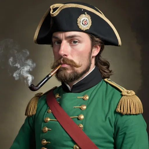 Prompt: 1700s soldier in a green uniform. He is in his forties and has brown hair and a beard. He is a sergeant and is smoking a pipe.