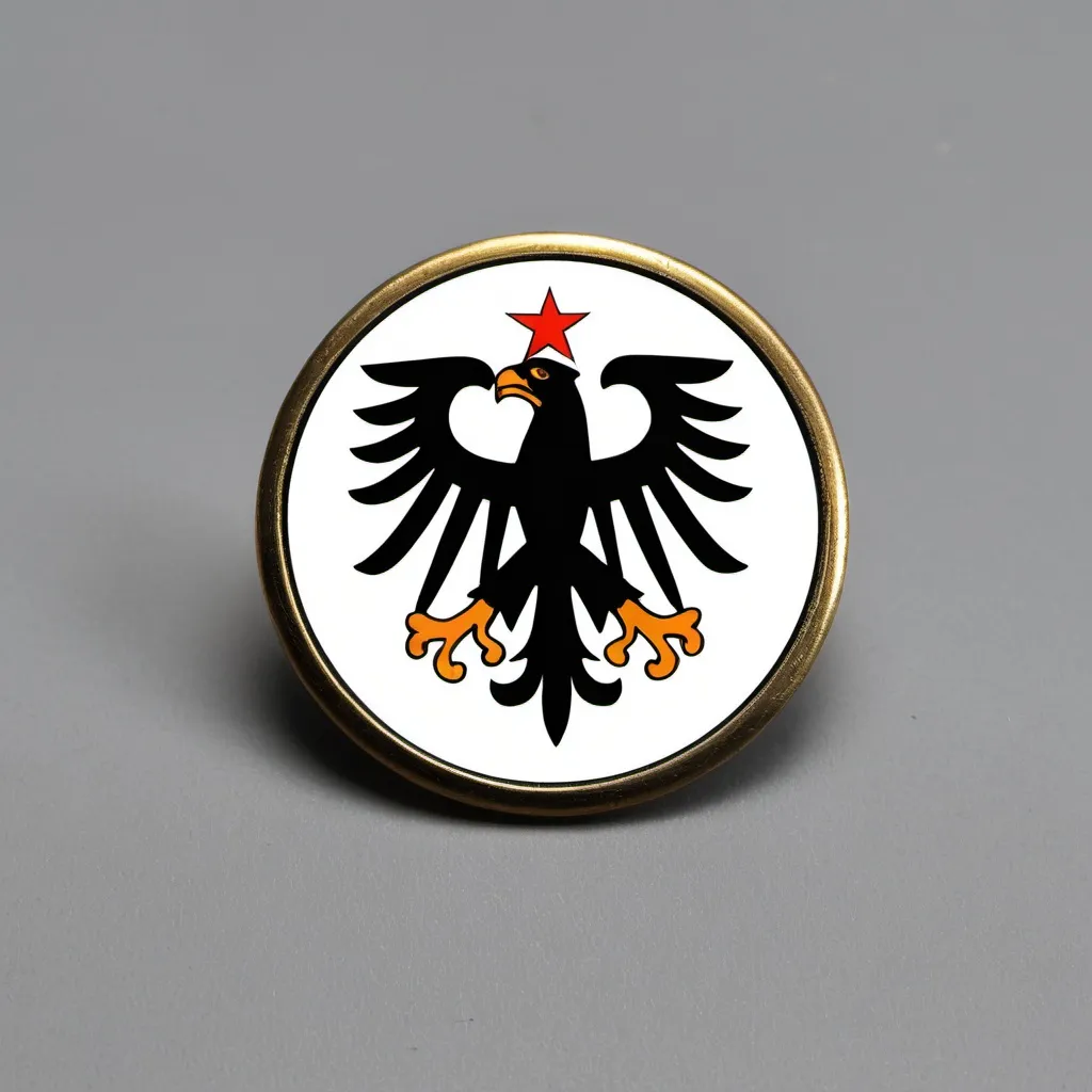 Prompt: A round political pin with a white background and an Imperial German eagle on it.