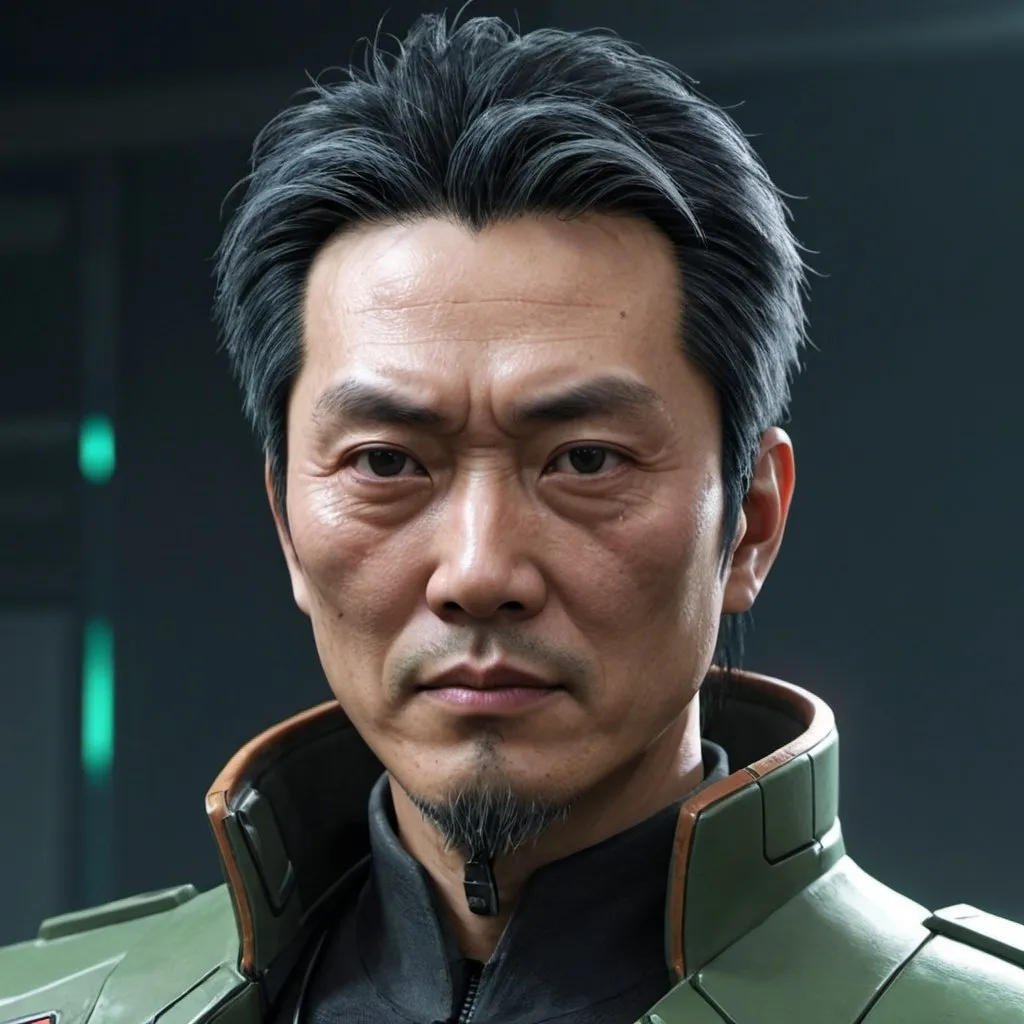 Prompt: A character who looks like Takemura from the Cyberpuno 2077 video game. He is a Chinese man in his late forties.