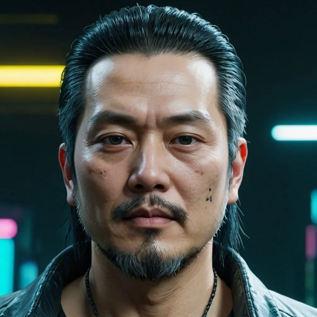 Prompt: An Asian man who looks like Takemura from the Cyberpunk 2077 video game. He has slicked back greying black hair and a trimmed beard.