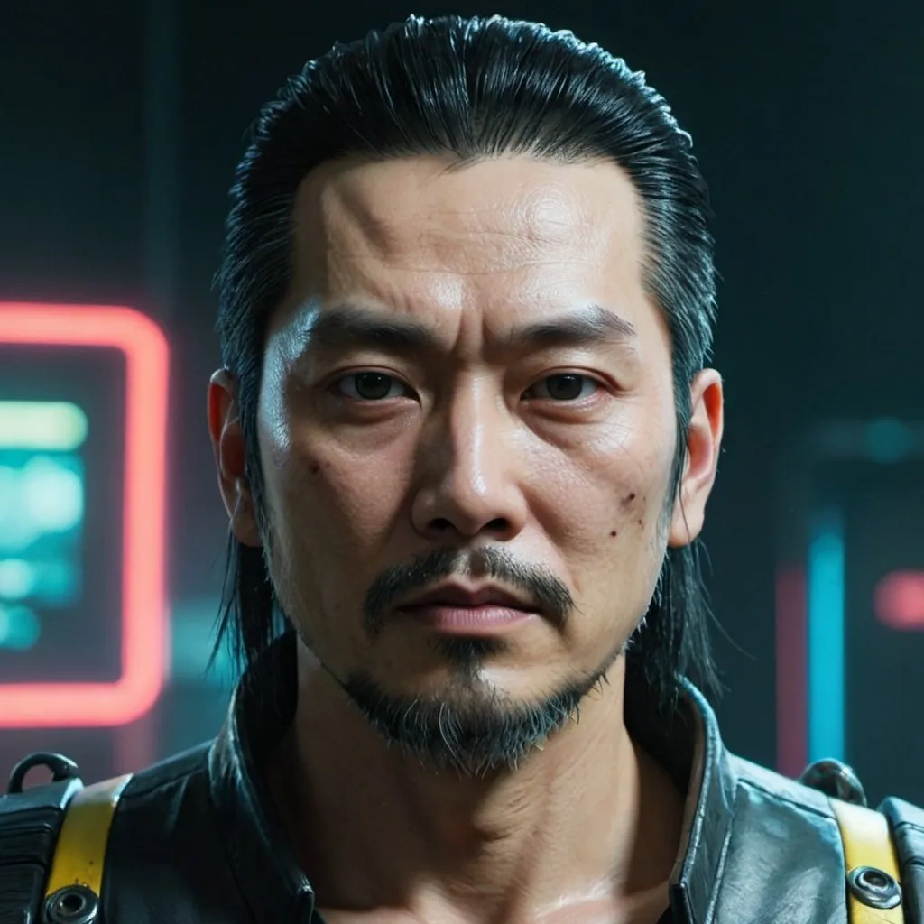 Prompt: An Asian man who looks like Takemura from the Cyberpunk 2077 video game. He has slicked back greying black hair and a trimmed beard.