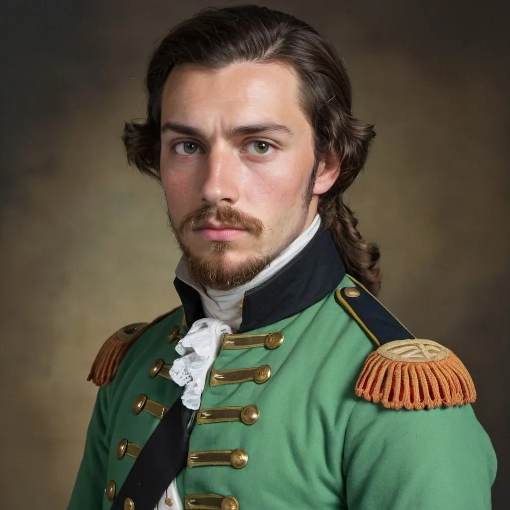 Prompt: 1700s soldier in green uniform with brown hair and a beard. He is around 35 years of age.
