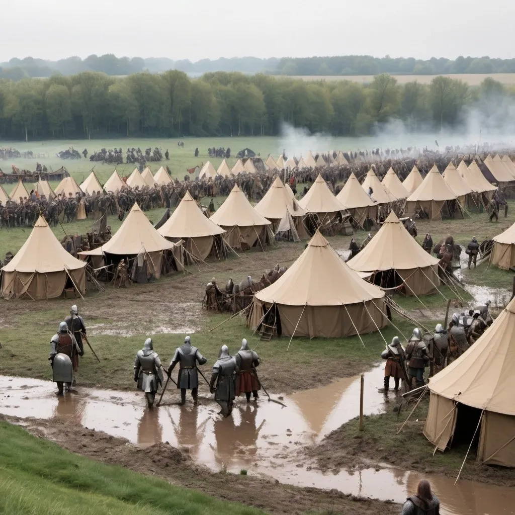 Prompt: Medieval siege camp. It is in a muddy field with tents and medieval soldiers walking around.
