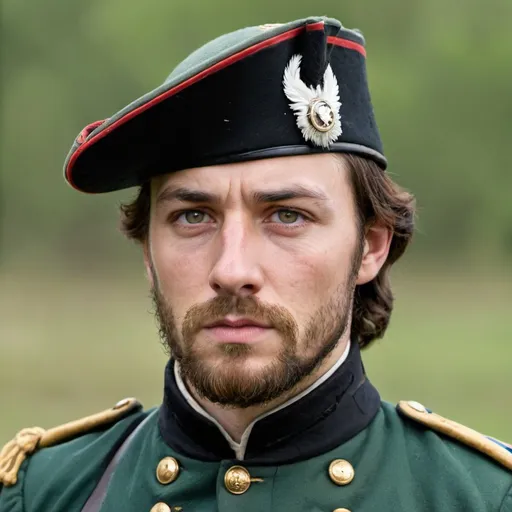 Prompt: 1700s soldier in green uniform with brown hair and a beard. He is around 35 years of age. He is grizzled and dirty.
