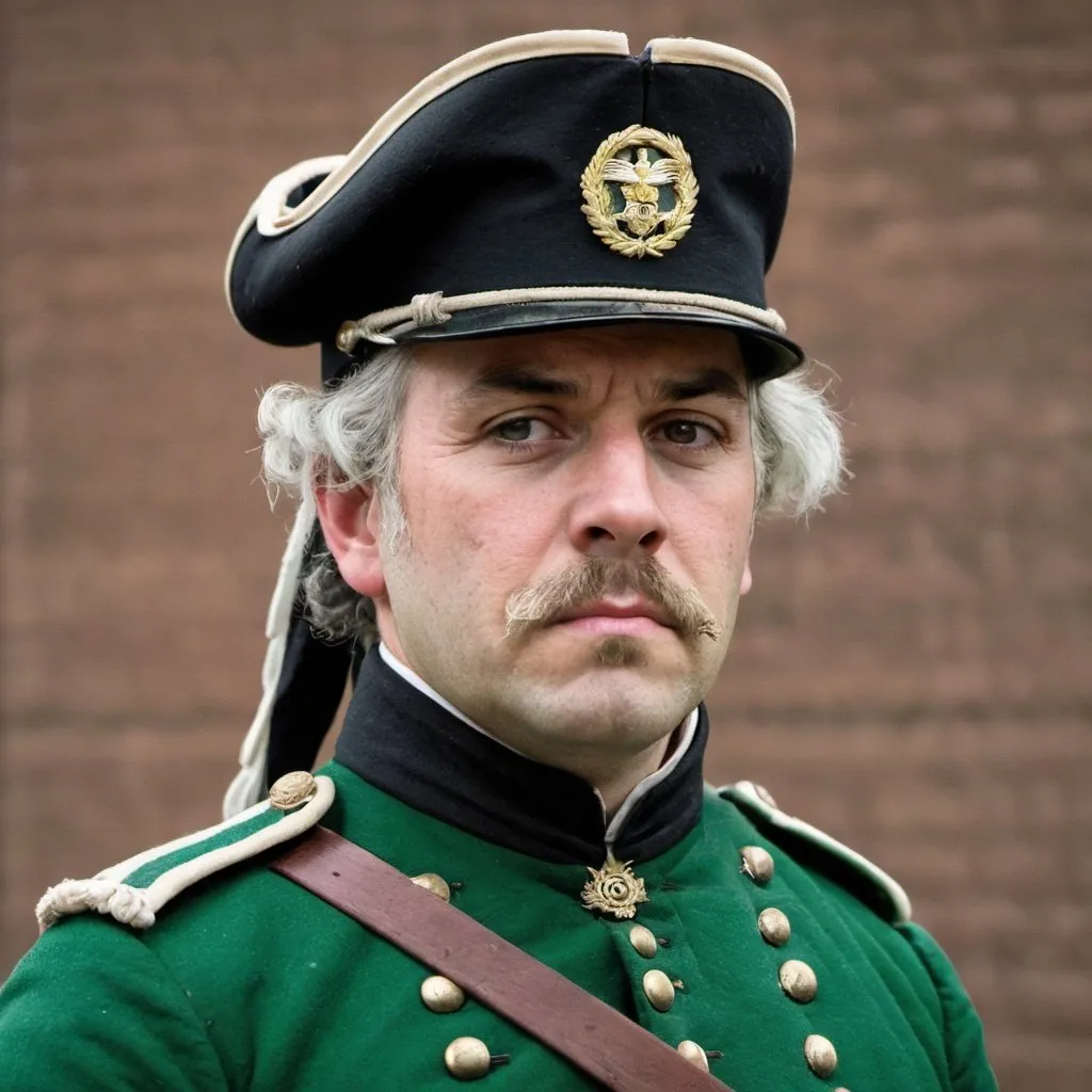 Prompt: A grizzled sergeant in a green 1700s military uniform. 