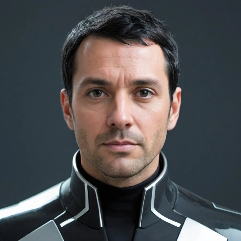 Prompt: Man with short black hair and no facial hair. He is in his late thirties. He is wearing a futuristic suit.