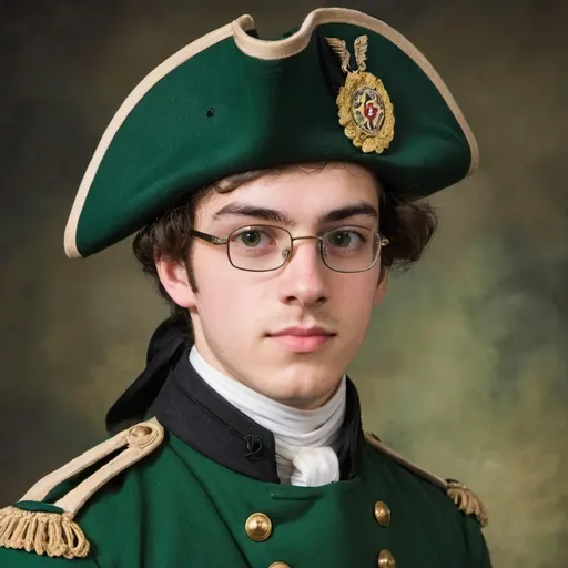 Prompt: A young man in a green 1700s military uniform. He has glasses and brown hair. 