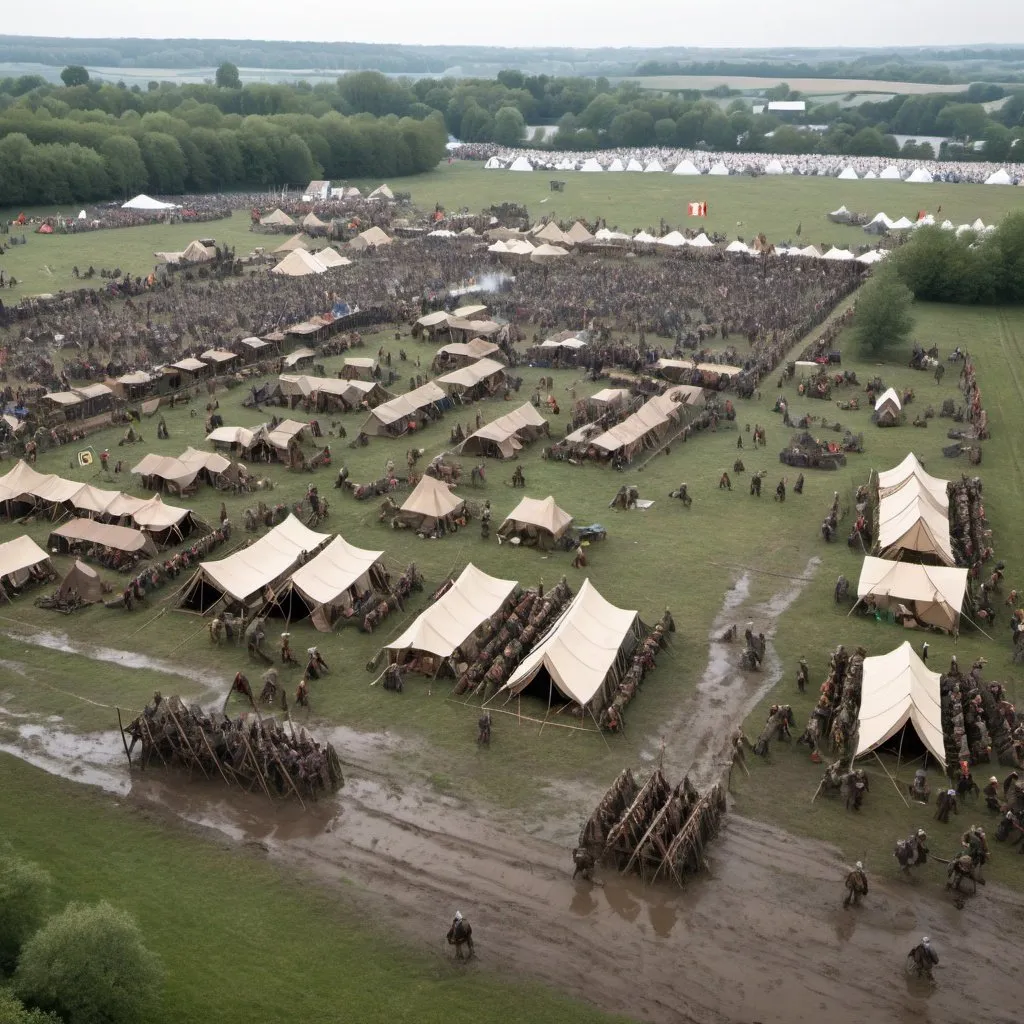 Prompt: A very large medieval siege camp. It is in a muddy field with hundreds of tents and medieval soldiers walking around.