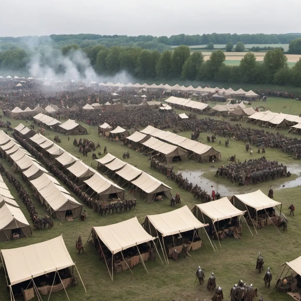 Prompt: A very large medieval siege camp. It is in a muddy field with hundreds of tents and medieval soldiers walking around.